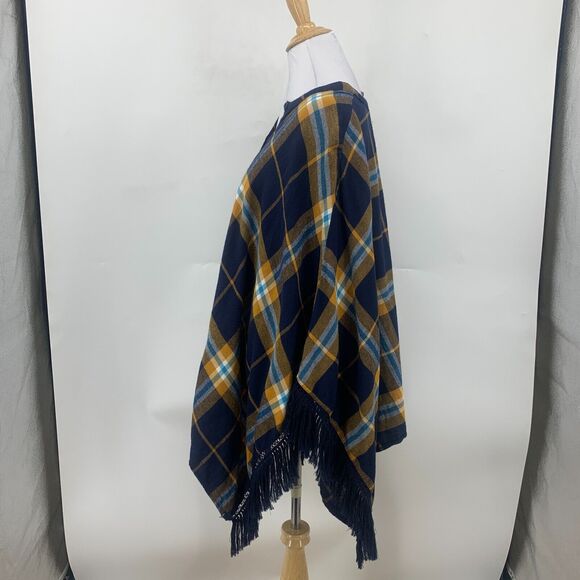 Volcom Poncho Womens XS/S Navy Plaid Cotton Button Front Tassel Fringe Trimmed - Picture 5 of 11